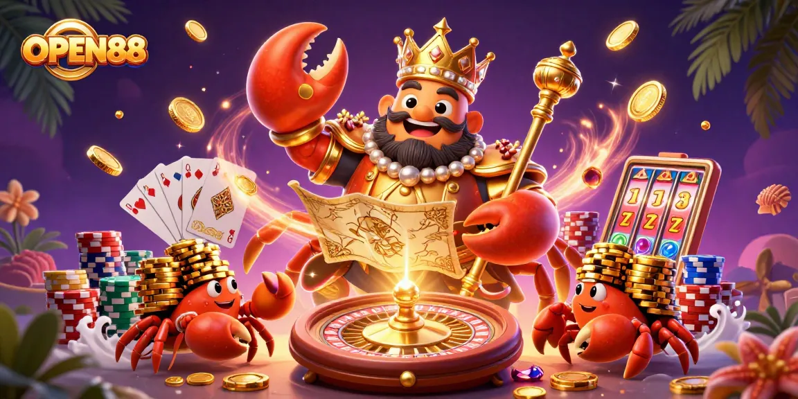 Watch OPEN88's golden crab emperor claim treasures in a vibrant casino scene filled with gaming excitement.