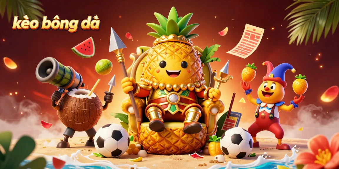 Engage with kèo bóng đá through a vibrant 3D illustration depicting a golden pineapple king and dynamic sports elements.