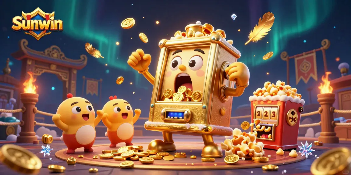 Sunwin slot machine hits jackpot, unleashing coins, amidst cheering baby machines and animated elements.