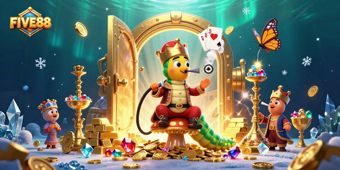 Engage in thrilling gameplay with FIVE88's vibrant cartoon scene featuring poker symbols and treasures.