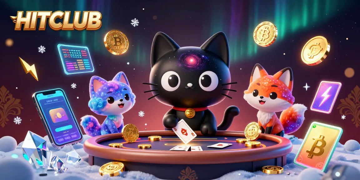 Engage with HITCLUB's cosmic gaming experience featuring a black hole cat and vibrant elements.