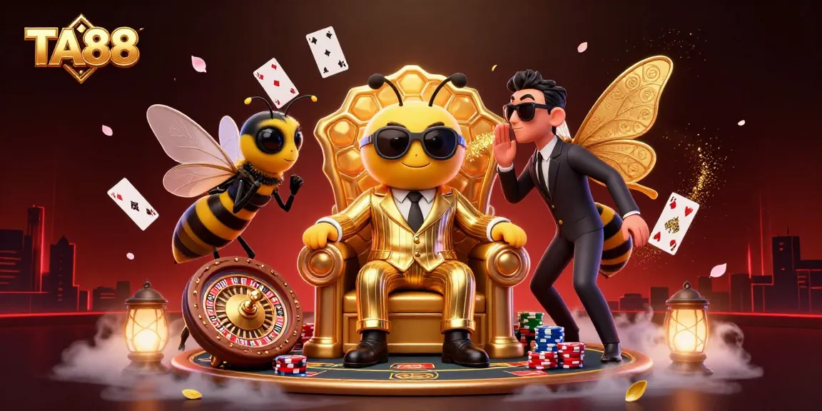 Engage in the vibrant world of TA88 casino with a lively scene featuring cards and casino elements.
