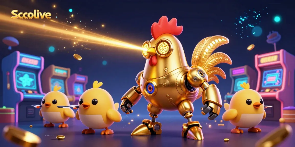 Socolive showcases a futuristic golden rooster robot amidst arcade elements in a vibrant casino scene.