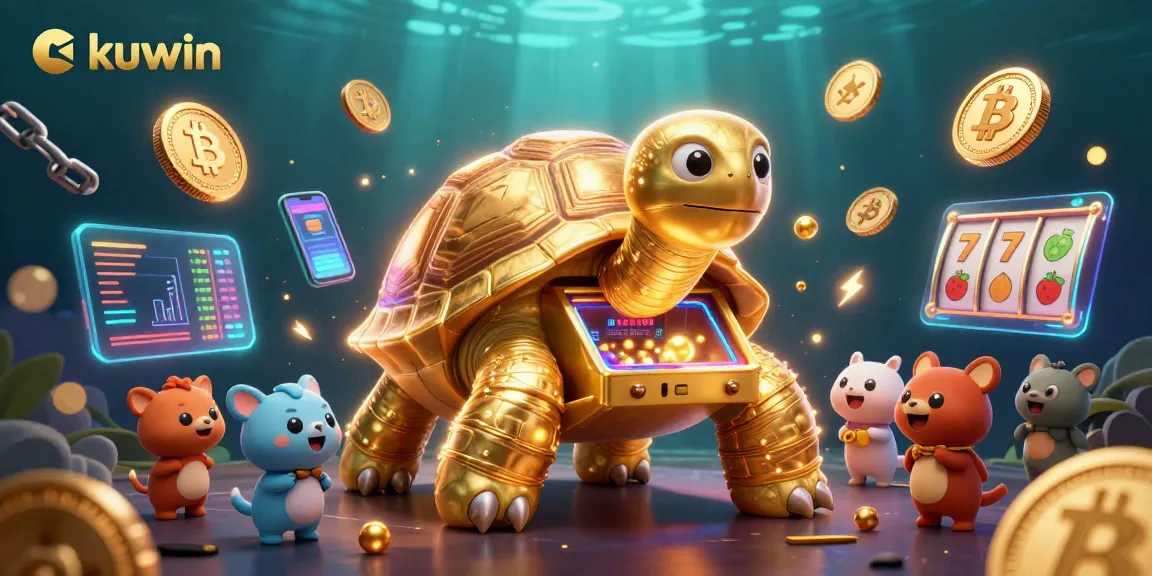 Kuwin showcases an exciting gaming experience with a colossal tortoise pinball machine among vibrant crypto coins and slot elements.