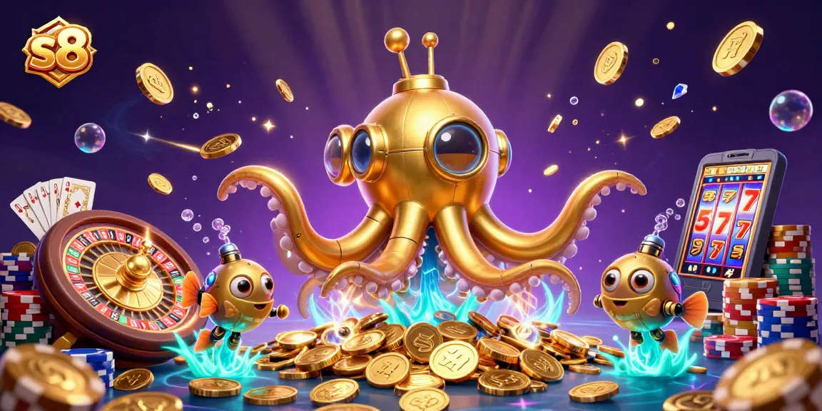 Win big with s8 casino adventures, showcasing a whimsical golden kraken submarine amidst vibrant gaming elements.