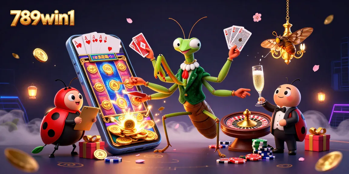 Engage with the dynamic 789win1 casino scene showcasing vibrant games, animated character interactions.
