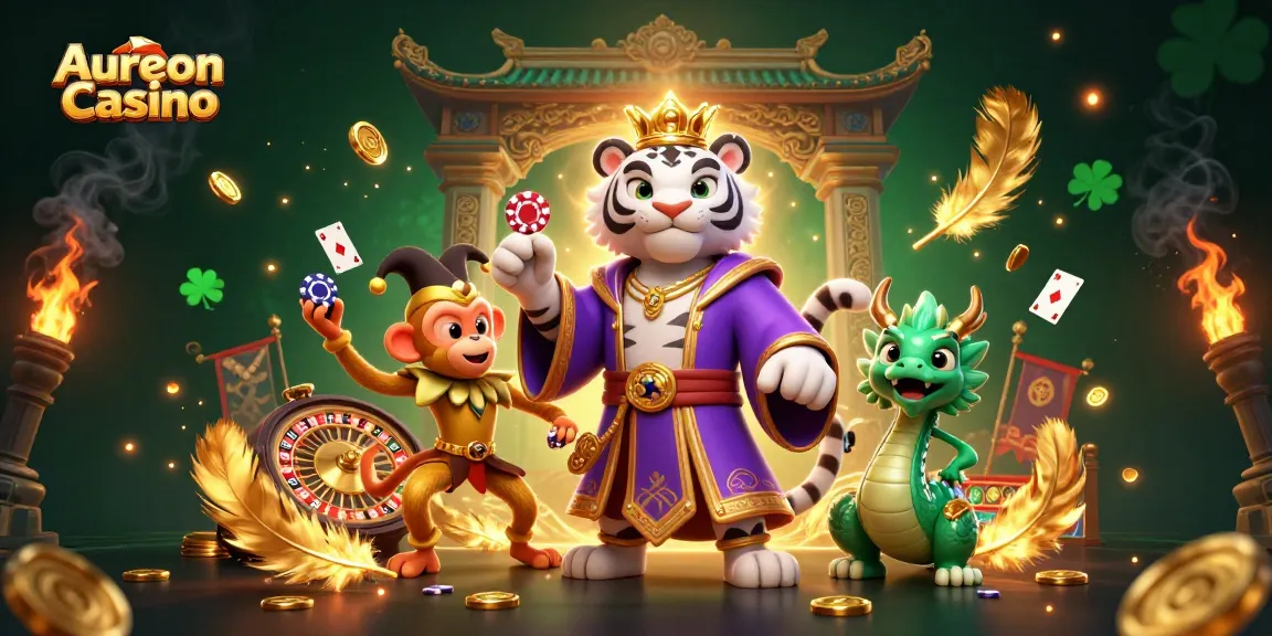 Aureon Casino features an elegant white tiger, playful monkey, and jade dragon in a vibrant gaming scene.