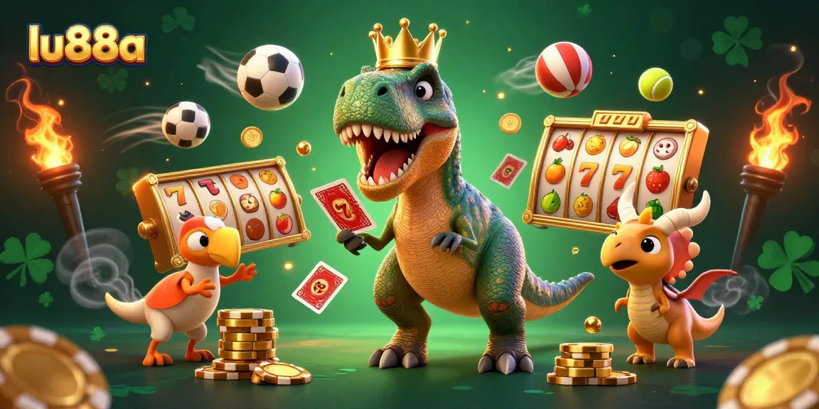 Engage with lu88a as T-Rex shuffles cards amidst vibrant casino elements and energetic sports.