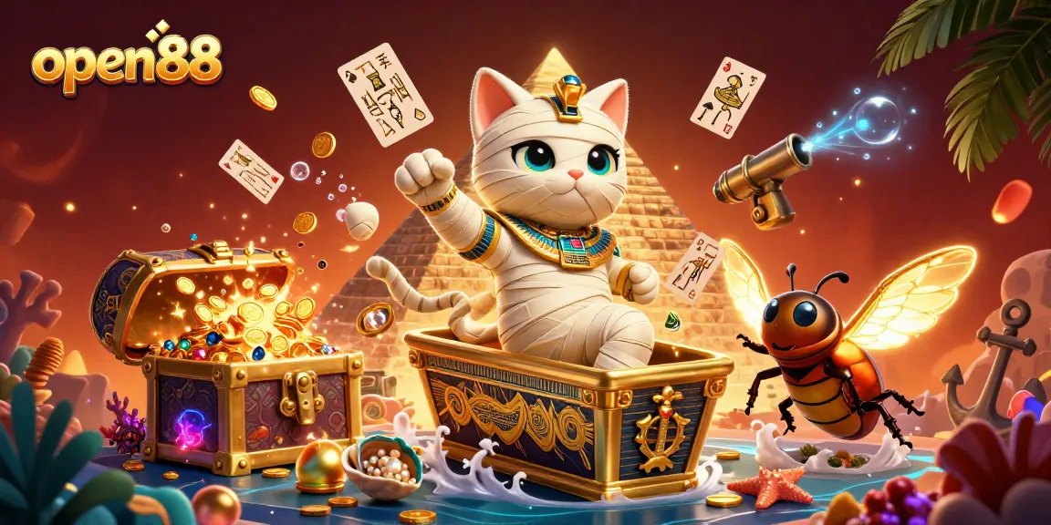 Experience thrilling gameplay at open88 with the Egyptian mummy cat and glowing scarab.