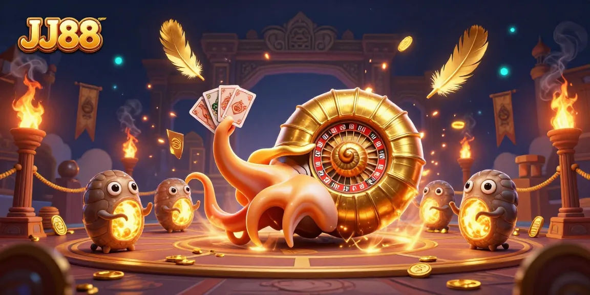 Experience the thrill of JJ88 with a vibrant 3D illustration showcasing a nautilus roulette wheel and glowing ammonites.