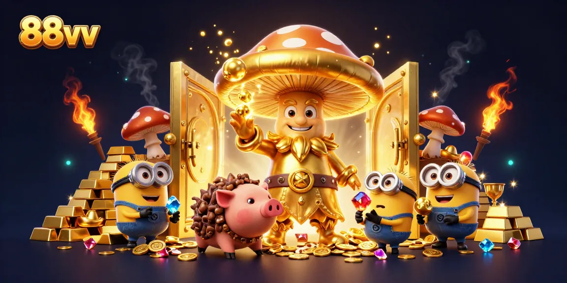 Immerse in a magical scene with 88vv showcasing casino treasures, gold, and enchanting characters.
